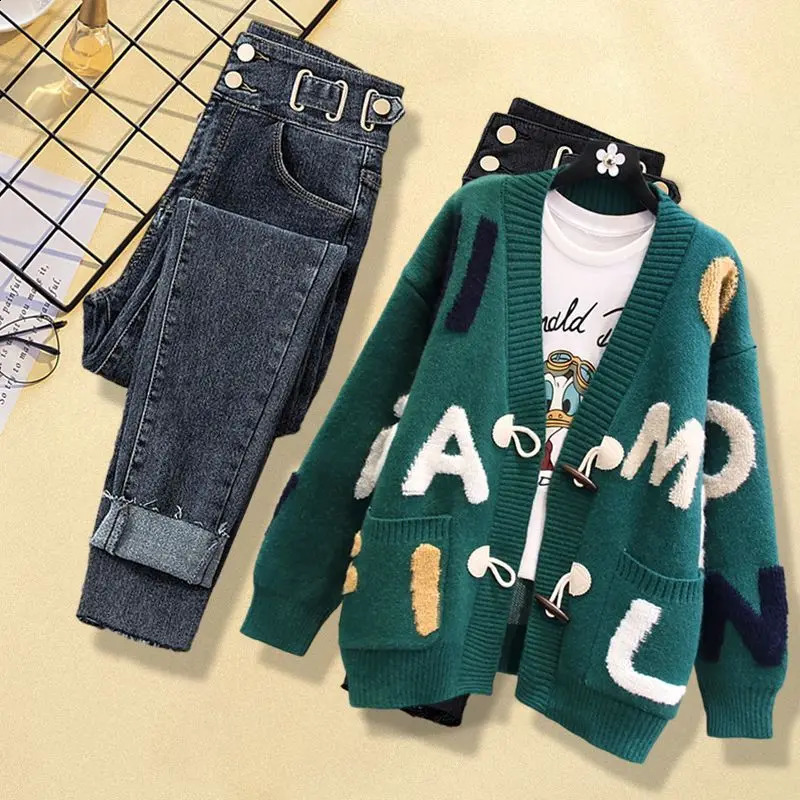 Winter Personalized Letter Printing Knitted Sweater Cardigan Jacket Casual Jeans Two Piece Elegant Womens Pants Set 240819