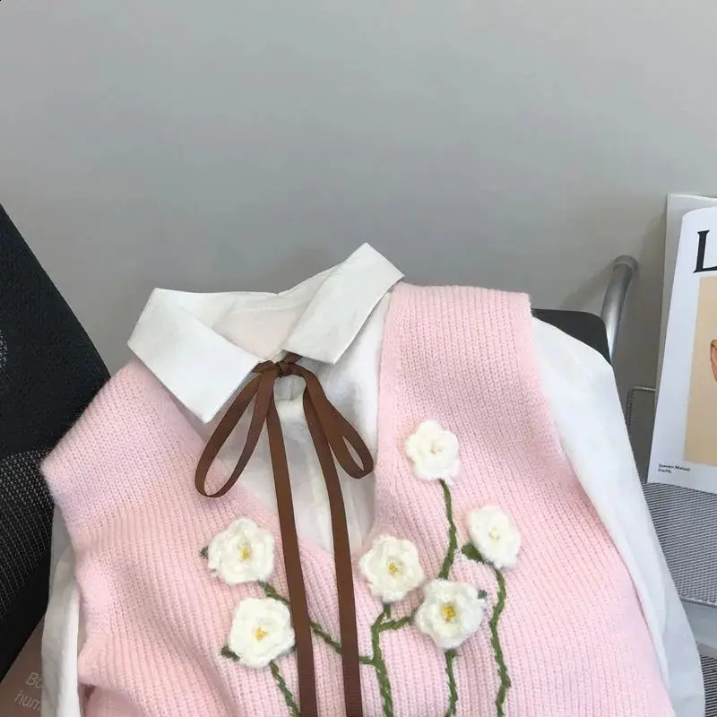 Autumn Sweet Bright Thread Decorative Knitted Sweater Womens Kawaii Collar Long Sleeve Shirt Cute Two Piece Set 240819