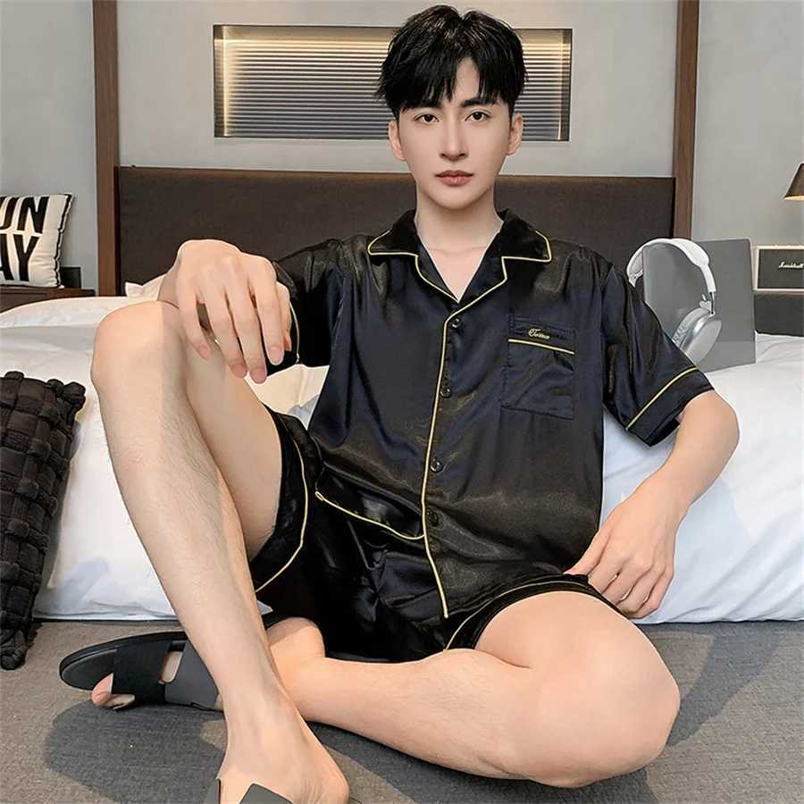 2024 Summer Mens Pajama Set Large Silk Short sleeved Top and Short sleeved Satin Pajama Home Clothing Evening Dress Mens Casual ClothingW240719