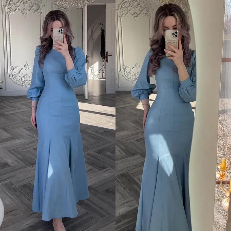 Autumn Elegant Solid Midi Dress Women Long Sleeve Slim Mermaid Spring French Vintage Wedding Party Vestidos Robe Mujers 240819
