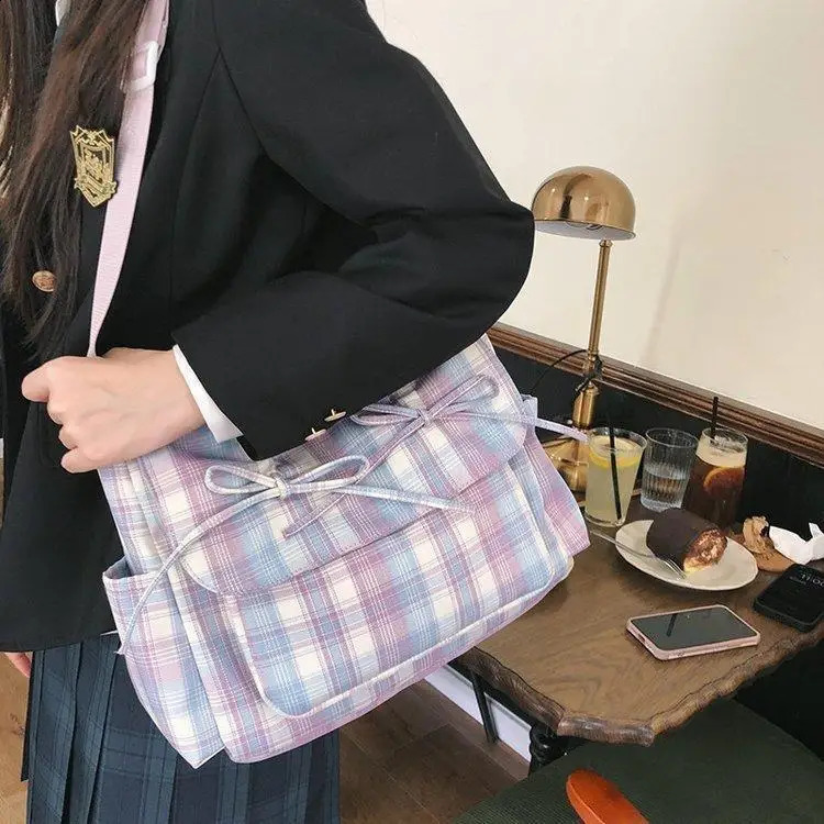 Ballet Style Sweet Bow Bag Womens Large-capacity Bag Leisure Plaid Messenger Bag One-shoulder Tote Bag 240819