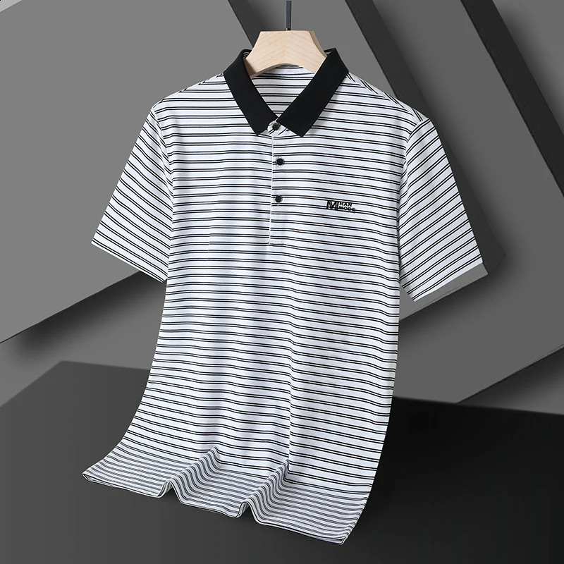 Summer Fashion Striped Polo Shirt for Mens Printed Short sleeved High end Silk Cotton Breathable Business Casual lapel T-shirt 240820