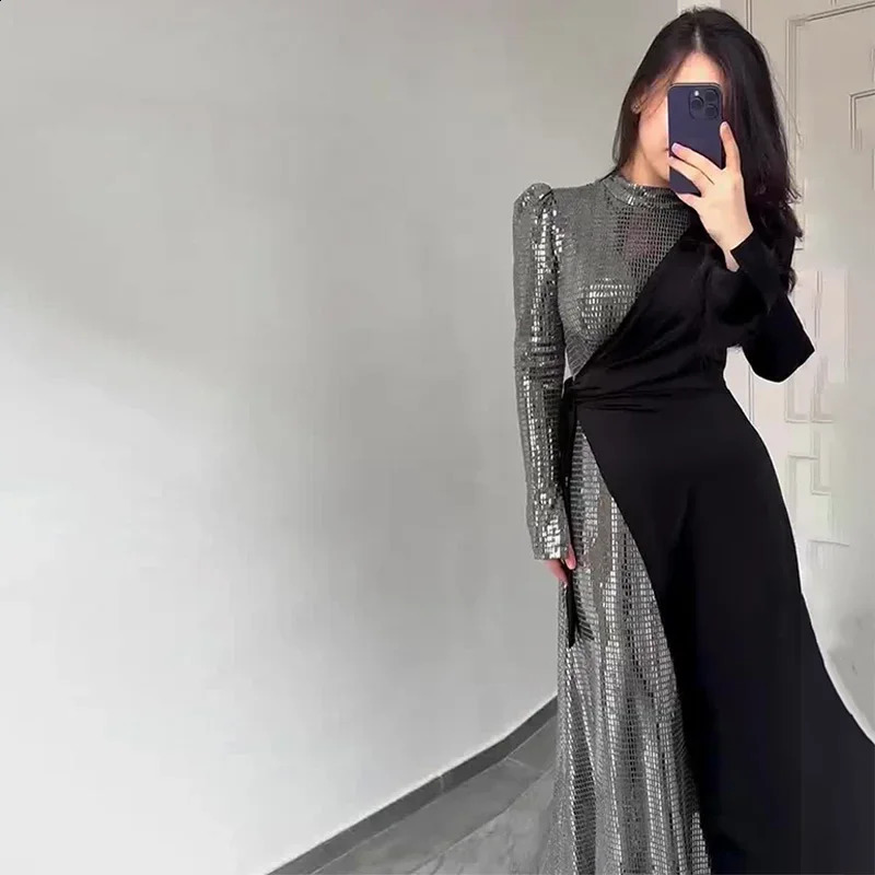Fashion Sequin Patchwork Dresses For Women Spring Autumn Ladies Slim Solid Long Sleeve Dress Female Evening Party Vestido 240819