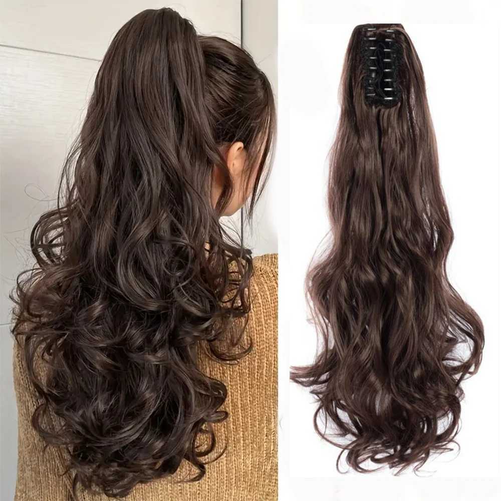 Body Wave Claw Clip Ponytail Synthetic Hair Extension Wig Curl 22 inch Long Hair Fake Braid Add Volume Female Daily Use W240817