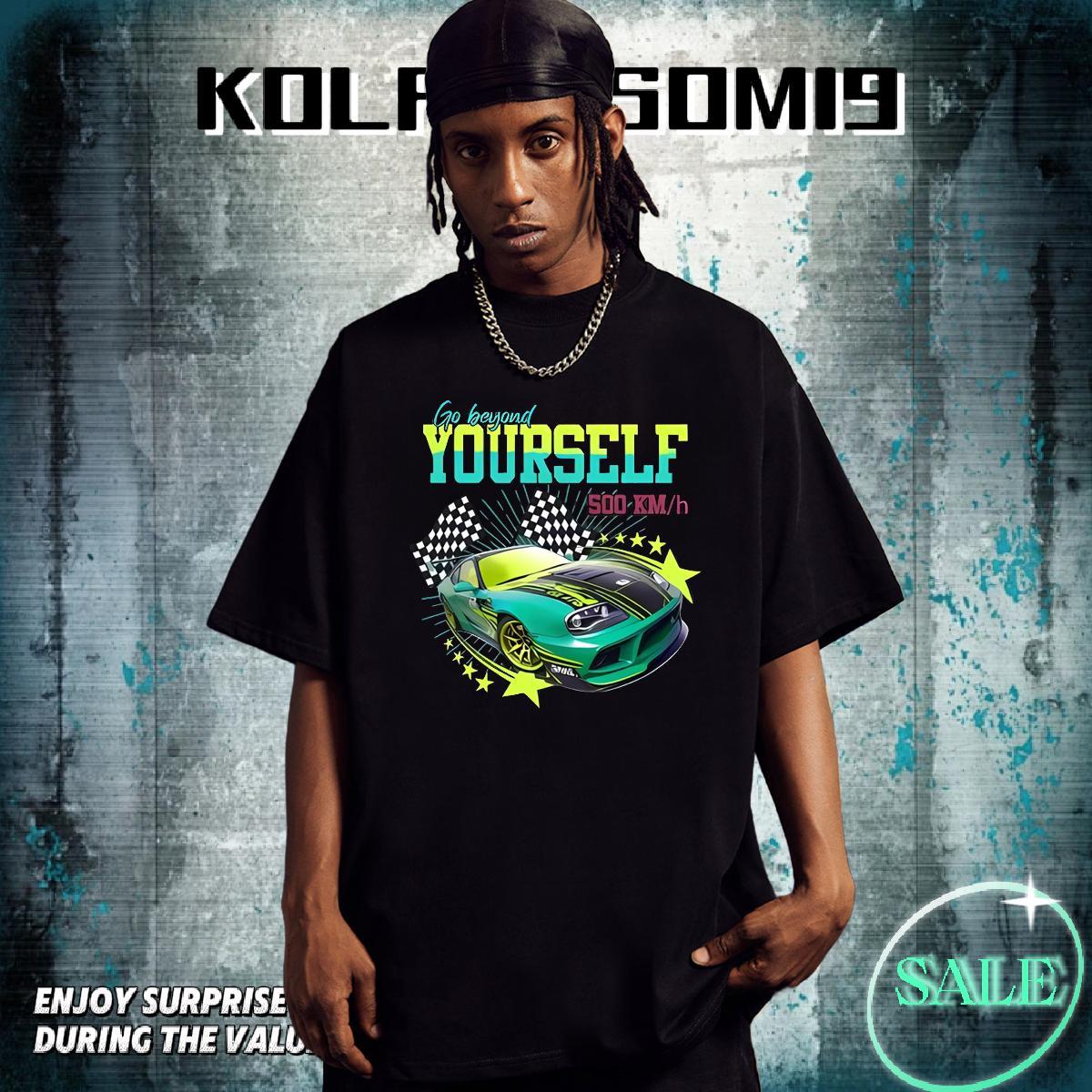 Soft Men Tshirts High Street Hip Hop 230g Pure Cotton DIY Logo Oversized Round Neck Short Sleeve car T Shirts Men Fashion Casual Clothings