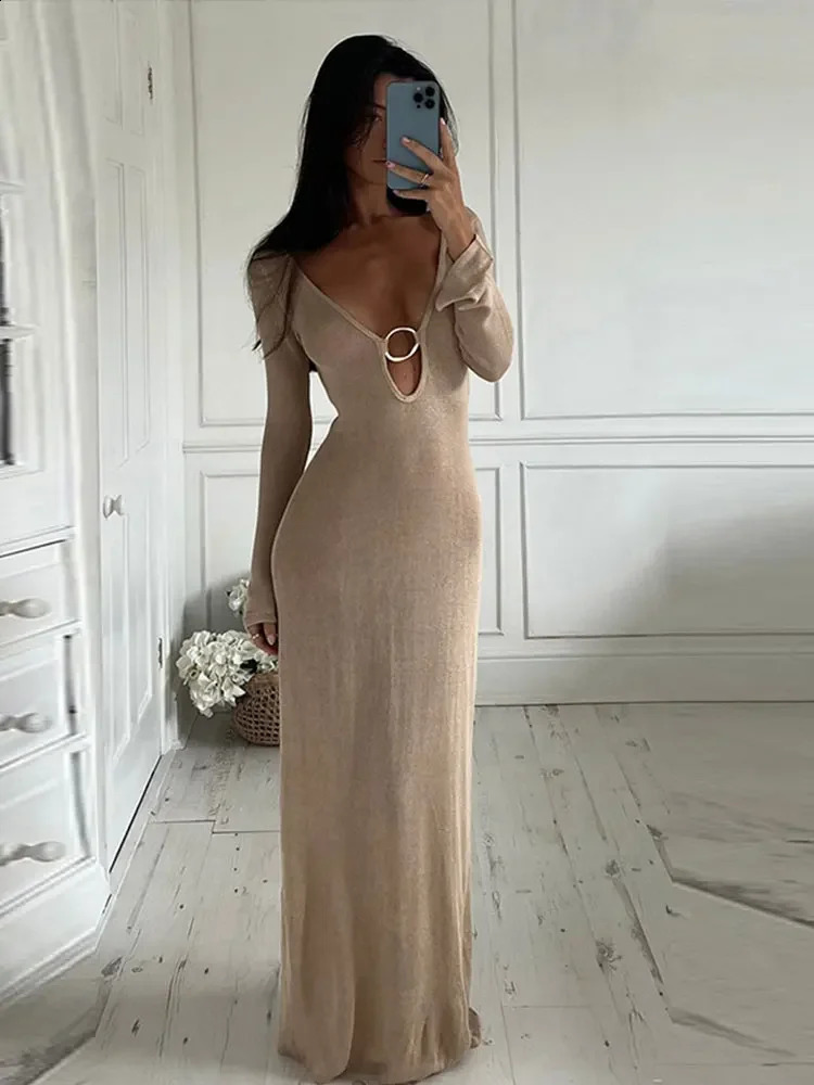 DAENERYS RES Spring Summer Fashion Women Dresses Backless Knitting Long Sleeve Sexy Hollow Out Beach Holiday Party Vestidos 240819
