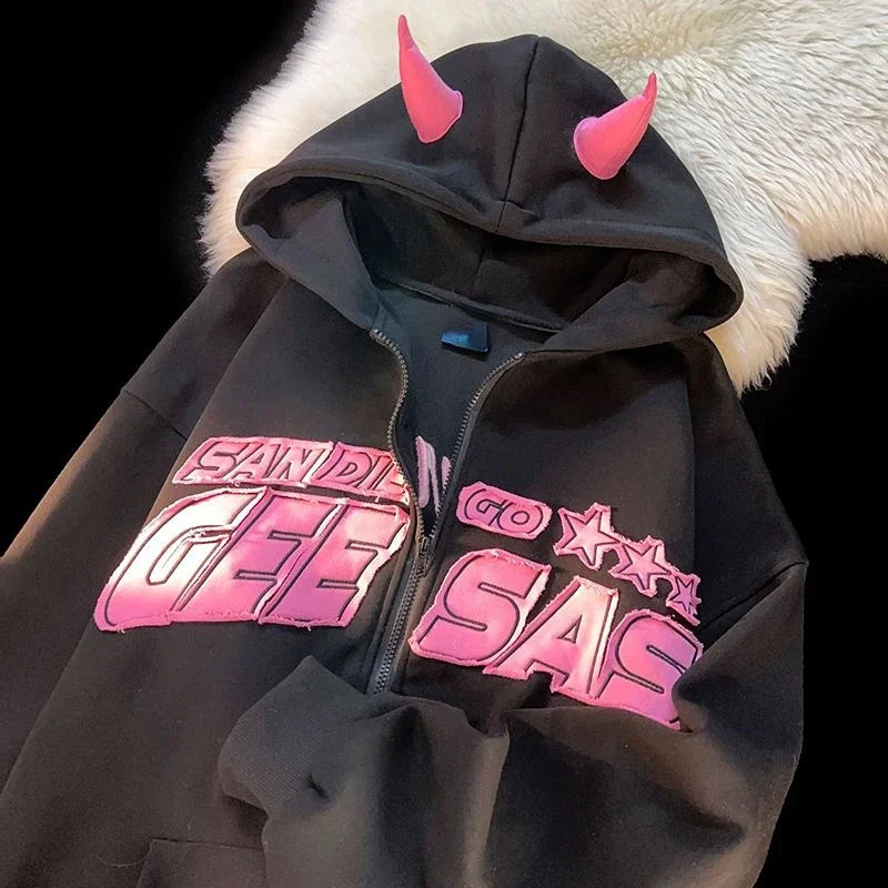 Harajuku Devil Horn Alphabet Star Print Sportswear Mens and Womens Hoodies Loose Hoodies Y2K Mens and Womens Street Wear 240814