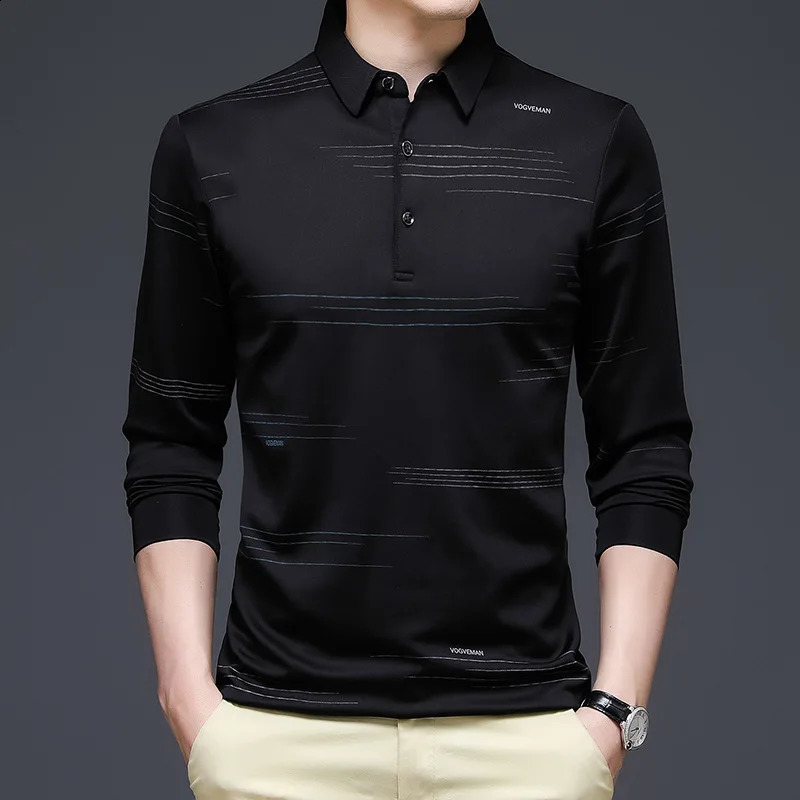 Autumn Mens Long Sleeve Mercerized T-shirt Business Casual Lapel Thin Long Sleeve Polo Shirt 240820