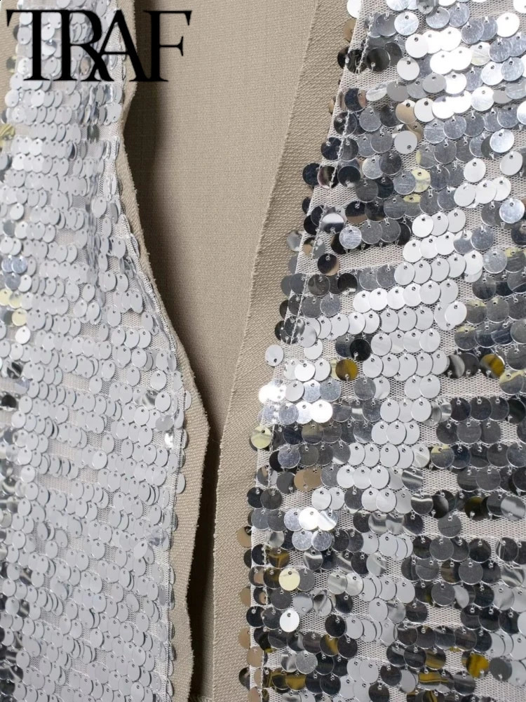 TRAF Sparkling Silver sequin Patch Work Womens Tank Top Summer Vneck Sleeveless Open Front Crop Irregular Y2K 240819