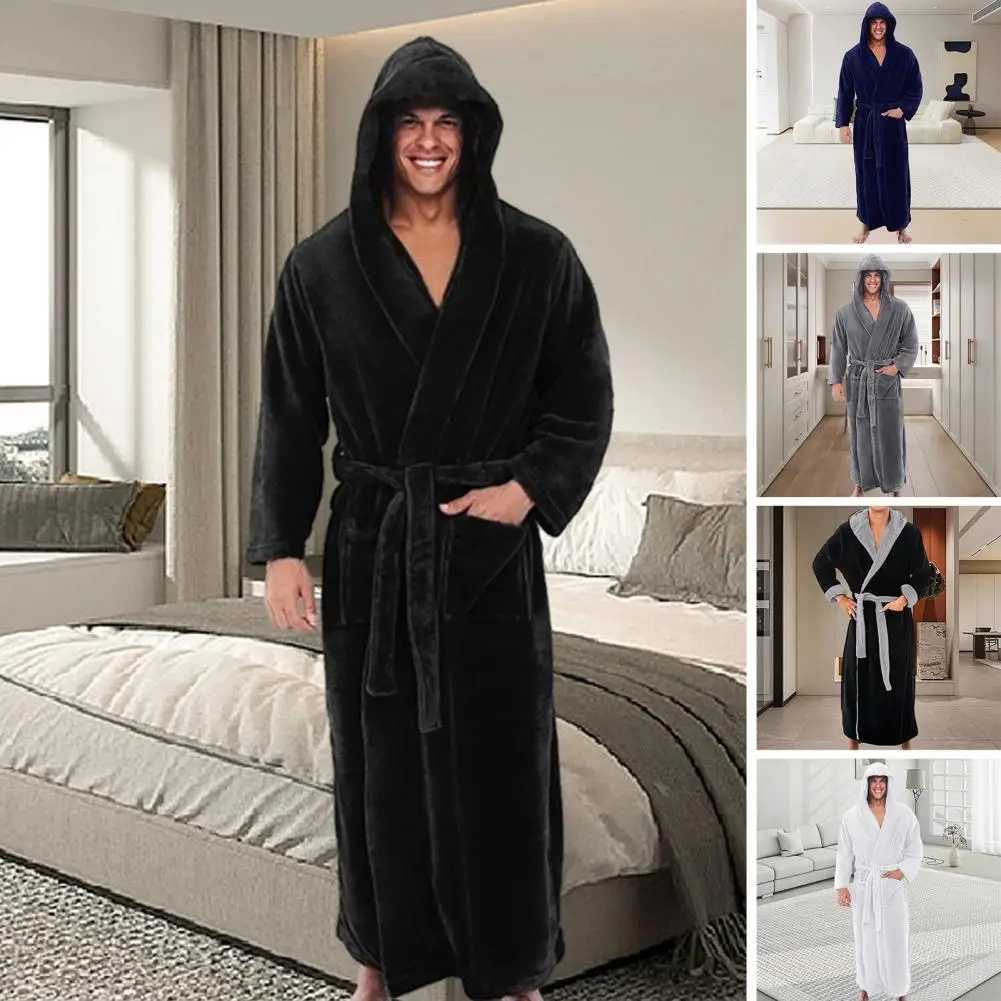 Comfortable plush bathroom soft absorbent mens hooded bathroom with adjustable belt pocket keeping pajamas comfortableW240719
