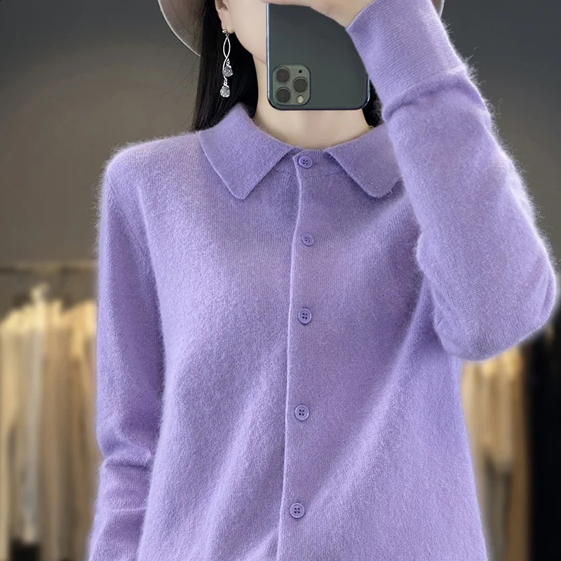 Womens mink cashmere cardigan long sleeved top polo neck loose jacket fashionable knitted white XXL spring and summer 240819