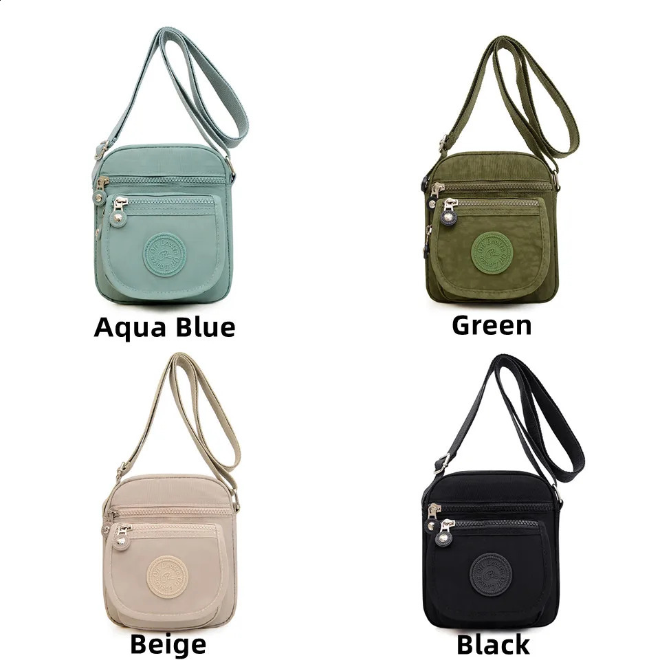Womens fashionable solid color zipper waterproof nylon shoulder bag womens waterproof travel messenger bag 240819