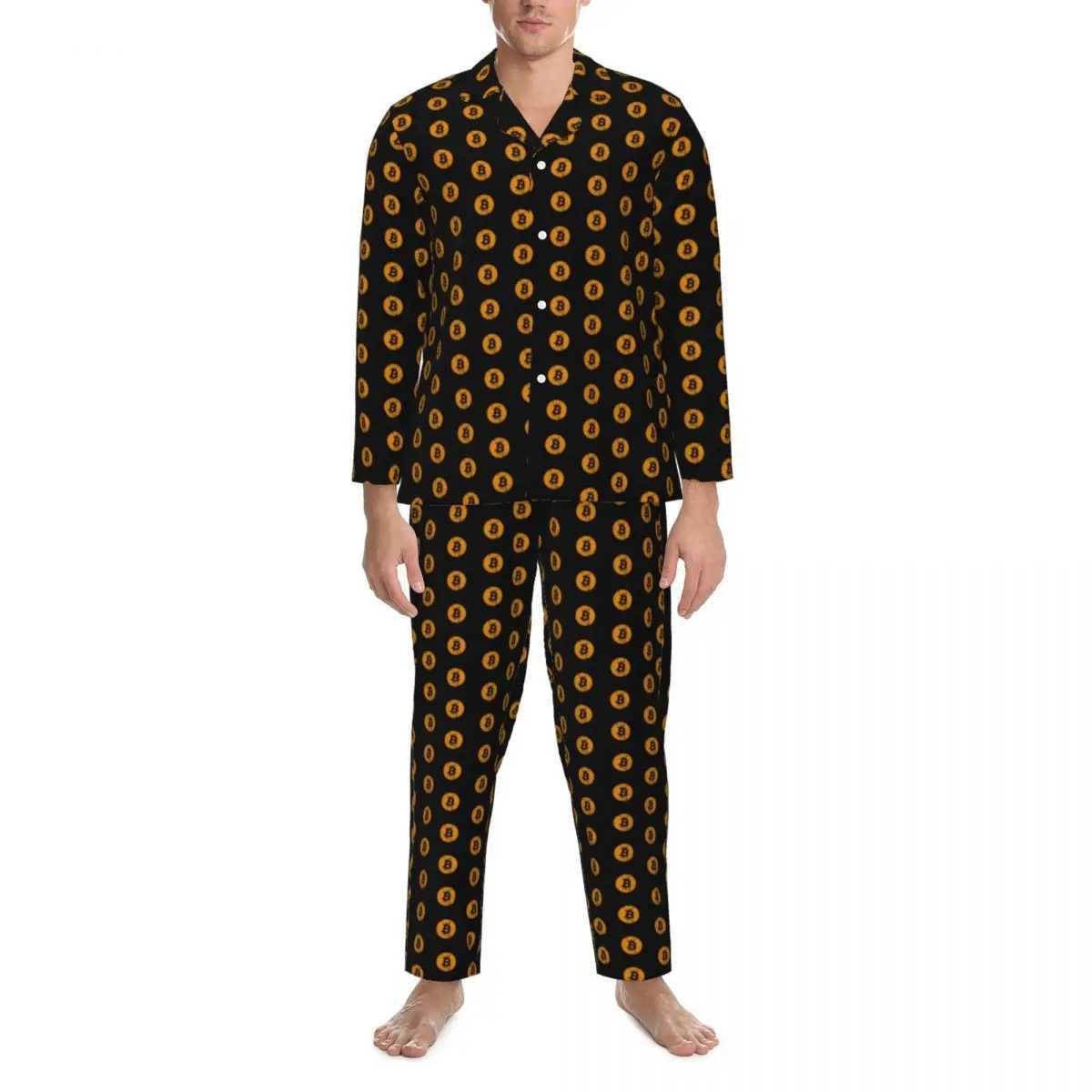 Bitcoin printed pajamas autumn digital currency aesthetics oversized pajamas set mens long sleeved cute room printed pajamasW240719