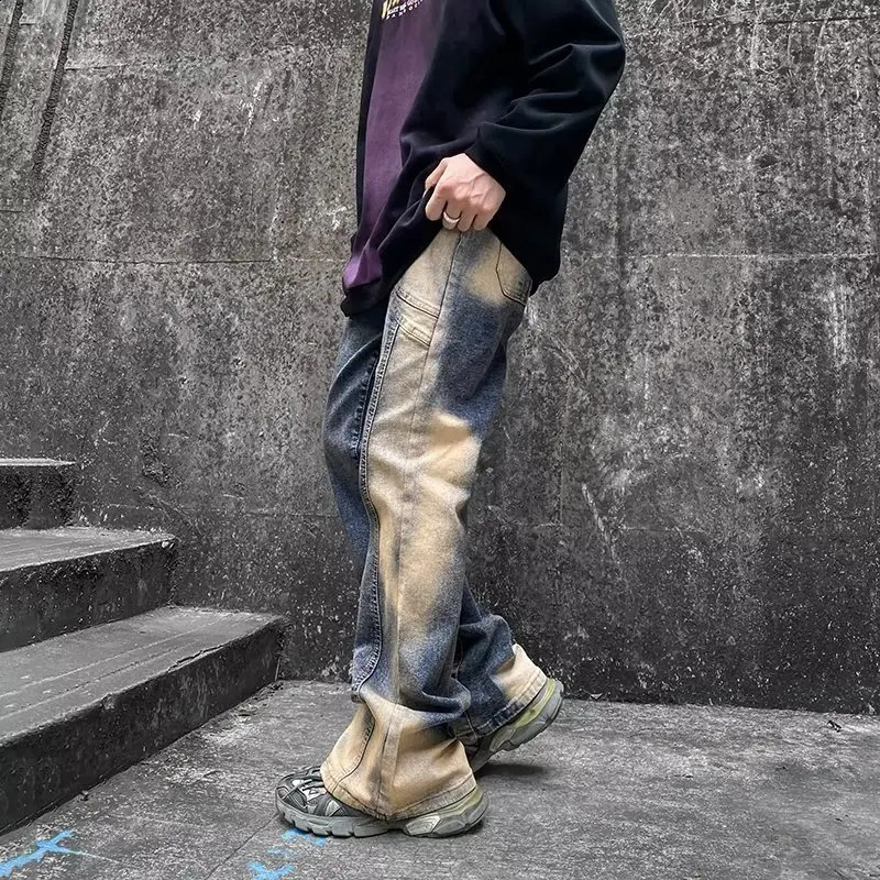 Ropa Y2K Streetwear Tie Dye Rock Baggy Flare Jeans Pants For Men Clothes Straight Old Denim Trousers Pantalones Hombre 240819