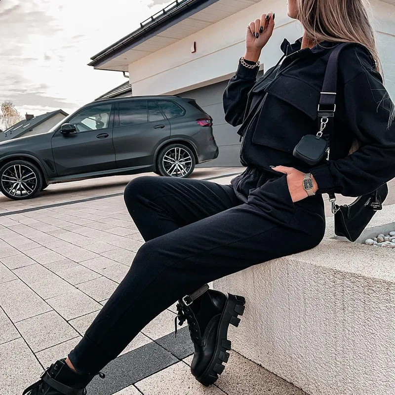 Women Tracksuit Turndown Collar Zipper Cardigan Solid Outerwear Pencil Pants Two Pieces Set Slim Fit Sports Casual Pockets 2024 240819