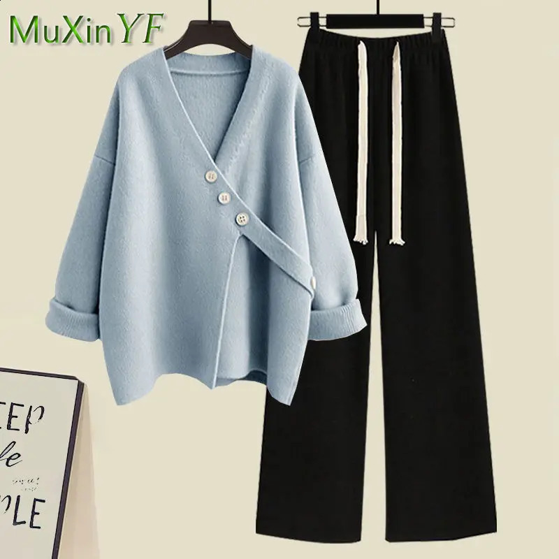 Womens Spring Autumn Casual Matching Set Korean Elegant Irregular Knit SweaterLoose Wide Leg Pants Two Piece Female Suit 240820