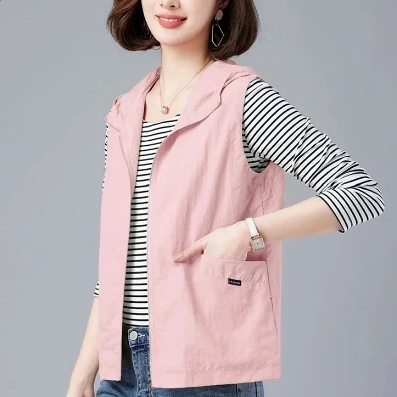 Oversized summer hooded white vest womens casual lining sleeveless jacket basic loose waistband lightweight spring Chalecos Z180 240819