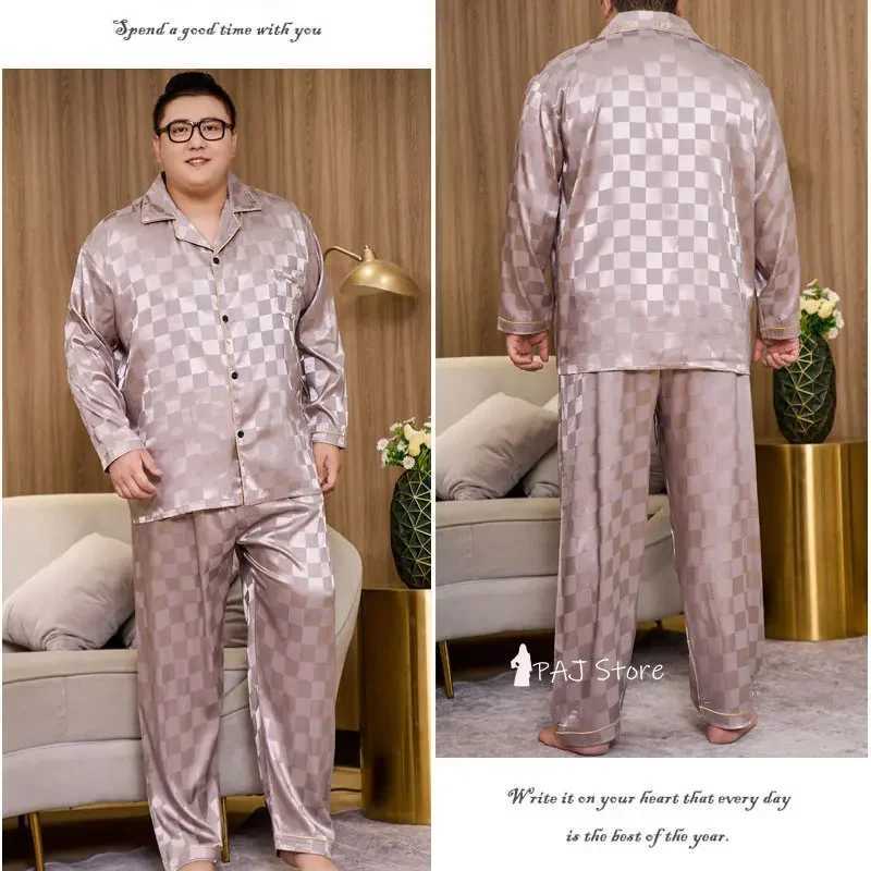 Mens sleepwear silk satin long sleeved spring clothing plus size 7XL 8XL plain weave mens full body sleepwear lounge setW240719