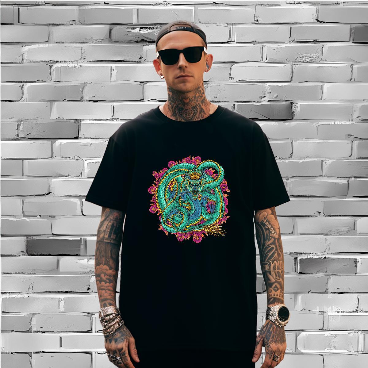 Loose Fit dragon T-Shirts Casual Men Tshirts 230g 100% Cotton 2024 Summer Crew Neck Breathable Custom Print Plus Size Wear