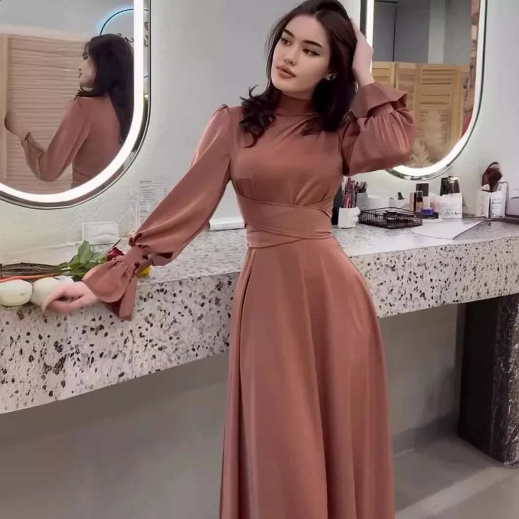 Autumn Satin Women Long Dress Black Evening Lace Up Lantern Sleeve Elegant Dresses Female Fashion Party Vestidos Ladies 240819