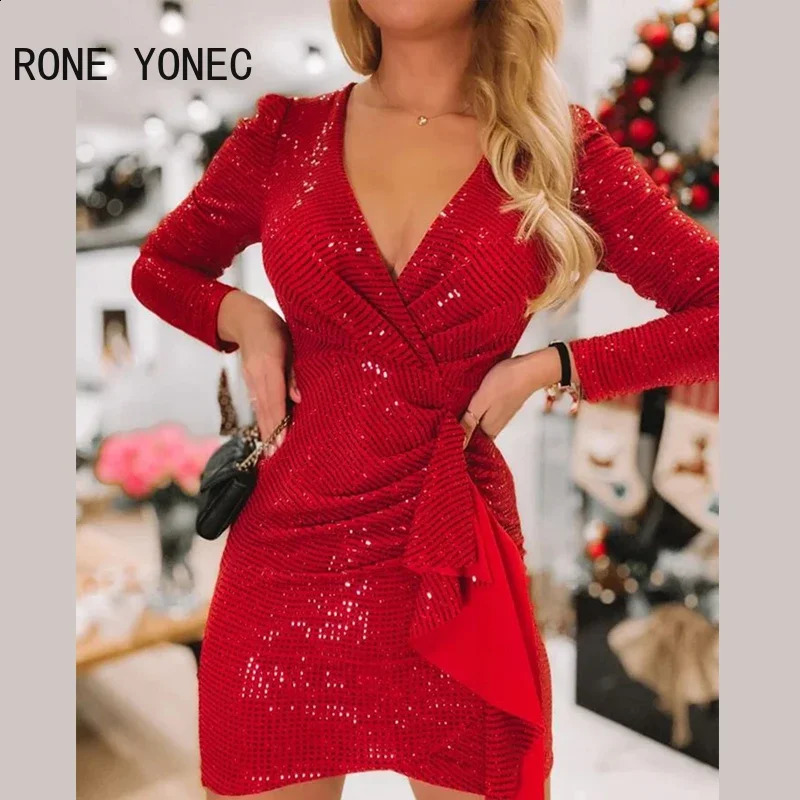 Women Solid Sexy V Neck Sequins Long Puff Sleeves Mini Bodycon Sexy Party Red Dresses 240819