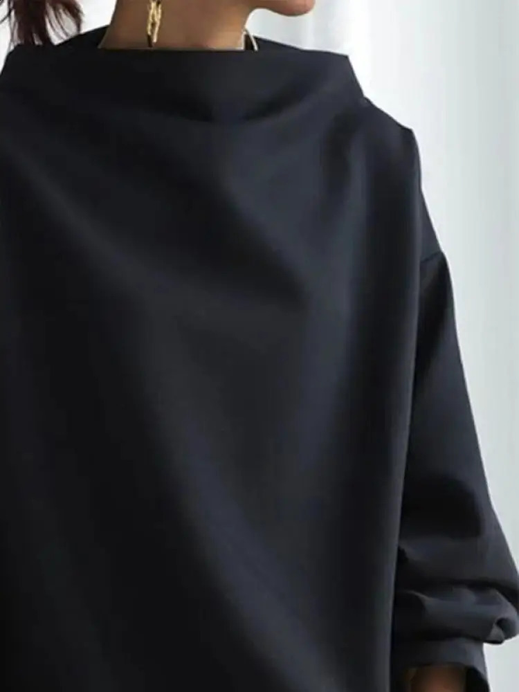 Freeacy Womens Solid Black Sports Shirt High Neck Long Sleeve Loose Fit Casual Zipper Spring Simple Tshirt Top 240814