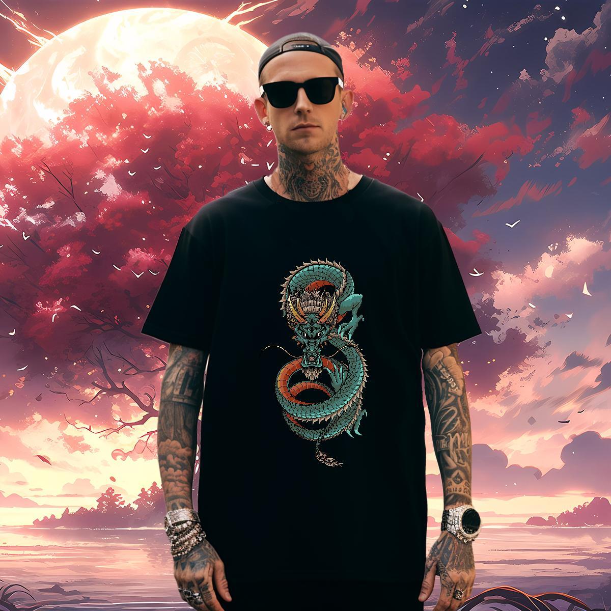 TOP Quality dragon Mens T Shirts Street wear Hip Hop Men Tops Tees 230g Cotton Free Shipping Breathable Crew Neck Asian Size Clothes