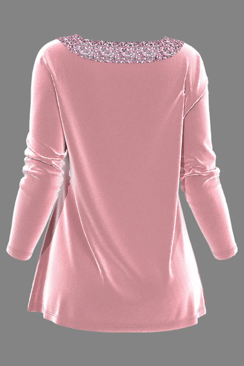 Plus size casual pink velvet sequin decal square neckline shirt long sleeved top elegant womens spring autumn party outfit 240819