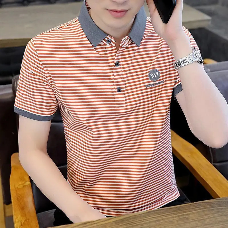 Summer Middle-aged Mens Clothing Slim Short Sleeve Oversized Striped Contrasting Colors Printed Fashion Lapel POLO Shirt 240820