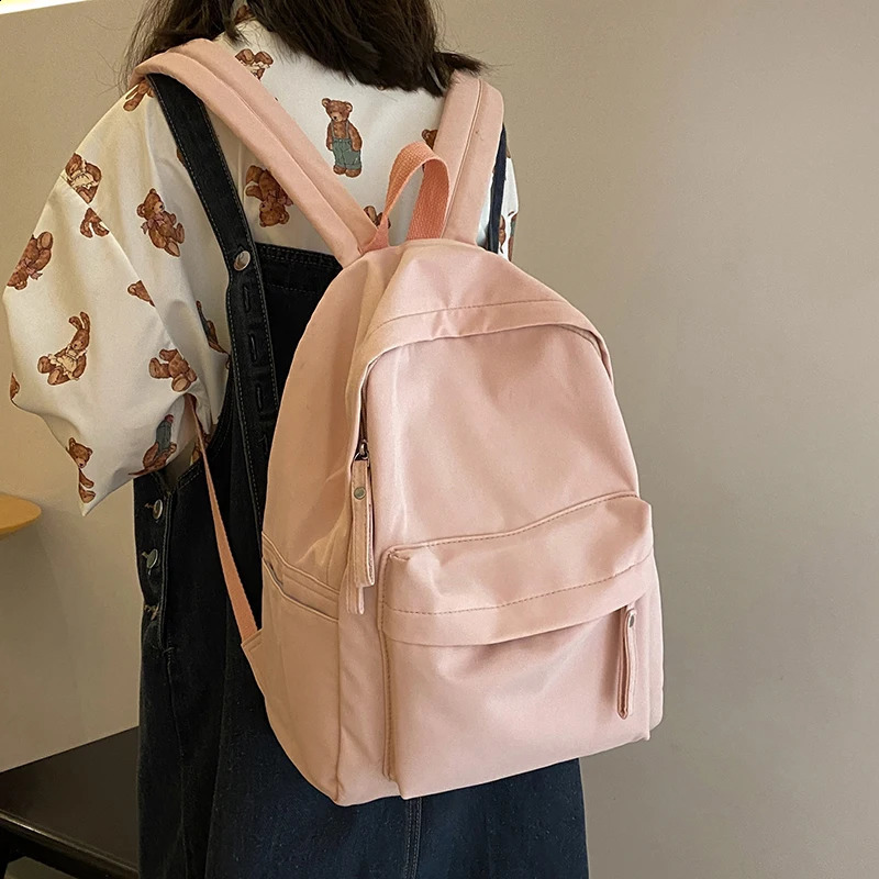 Simple solid color womens backpack waterproof nylon school bag teenage girls travel shoulder 240820