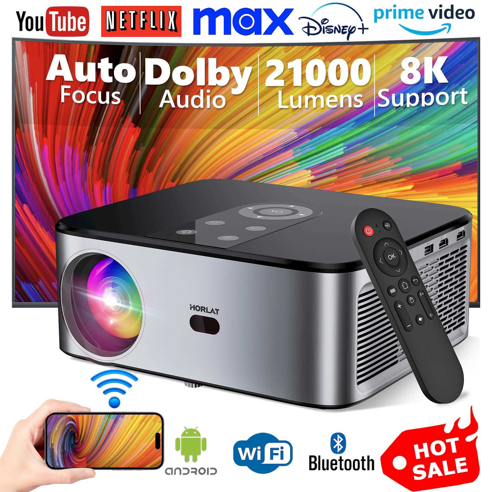 HORLAT T03 21000 Lumens Android Beamer 4K Projector Outdoors Full HD 1080P 8K Video Dolby Audio Home Theater Auto Focus Keystone CL240820