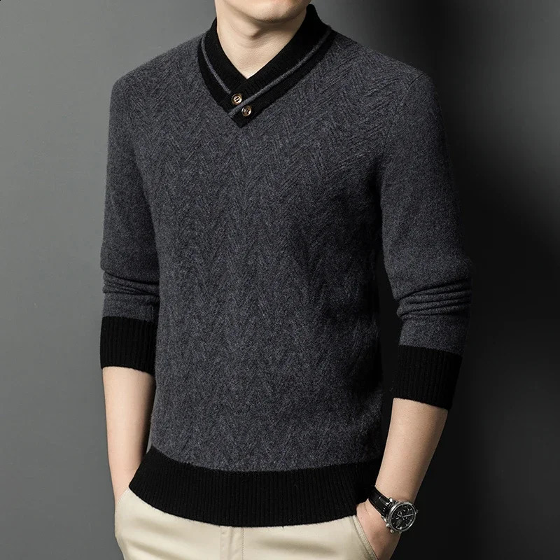 autumn and winter mens all wool Vneck button sweater knitted bottom casual warm fashionable floral clothing 240819