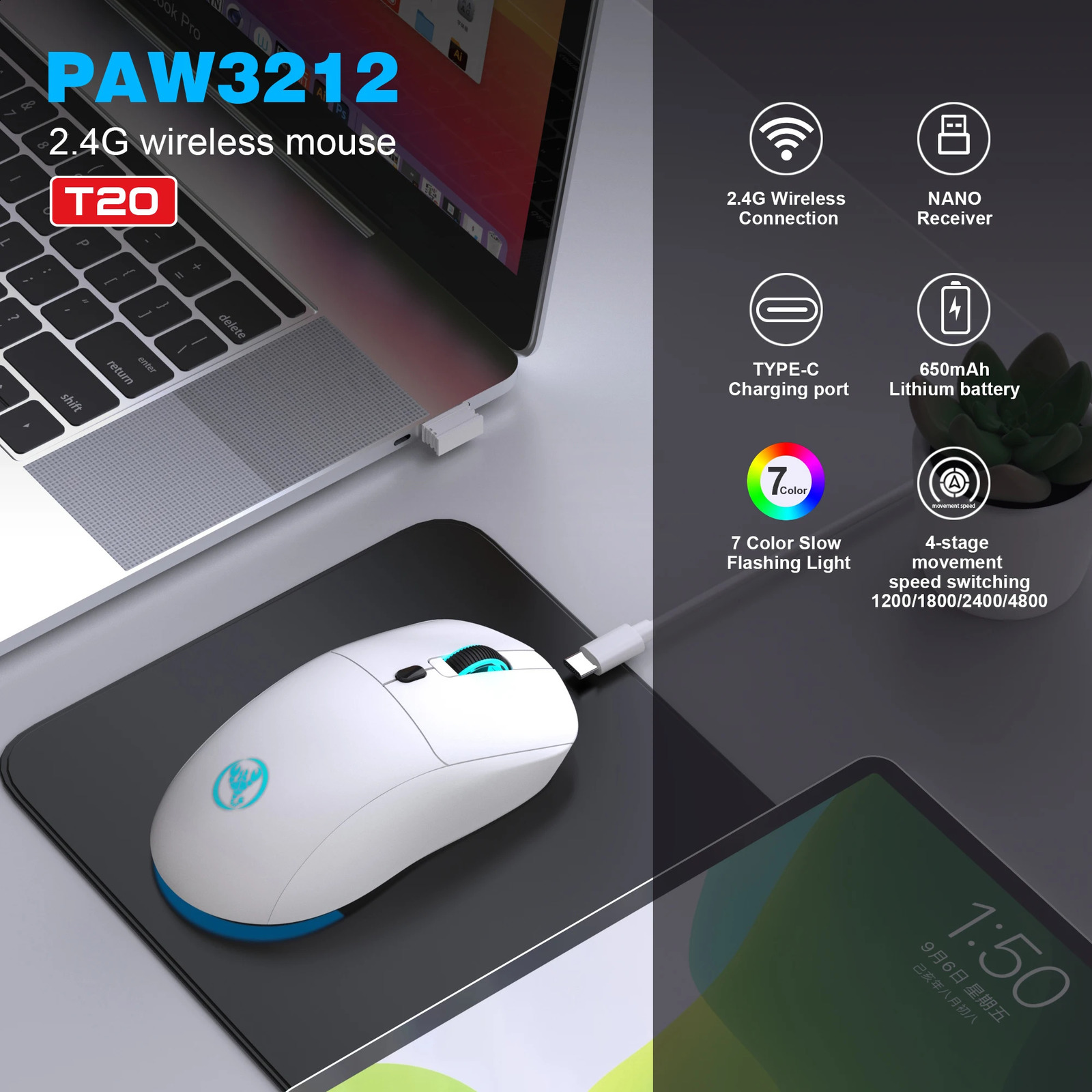 Rechargeable 2.4G USB wireless mouse with adjustable 3600dpi 7-color RGB comfortable mouse suitable for home office laptops and game consoles 240810