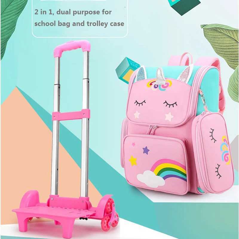 Cartoon Unicorn School Bags Wheeled Backpack for girls Trolley Bag with Wheels Student Kids Rolling Backpack Trolley Bag Y240820