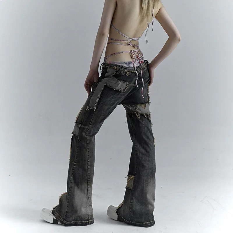Karrcat Grunge Aesthetics Distressed Jeans Retro Patch Work High Waist Flare Jeans Wildland Punk Do old Denim Pants Gothic 240820