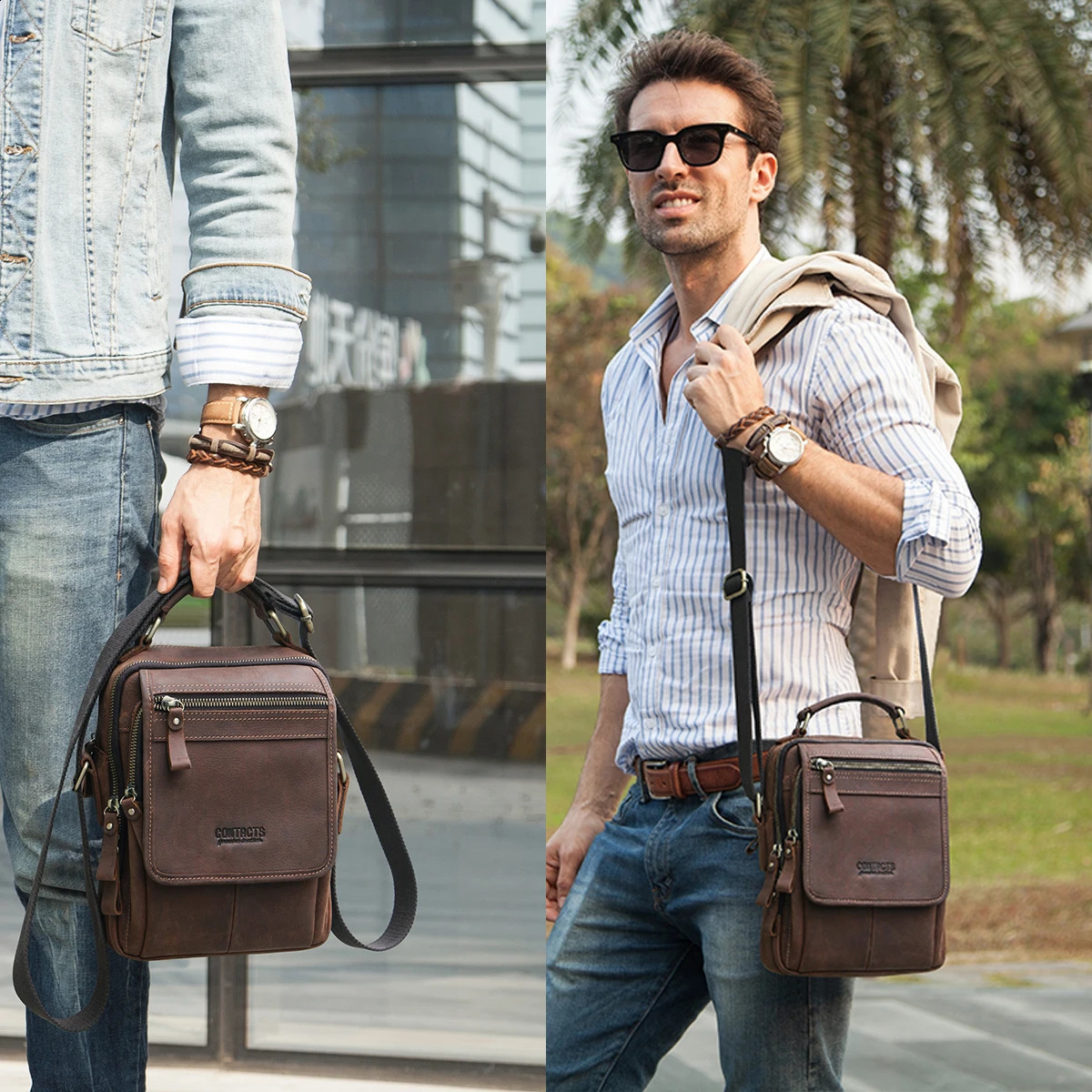 Mens messenger handbag genuine leather mens cross body bag mens crazy horse business briefcase iPad travel shoulder bag 240819