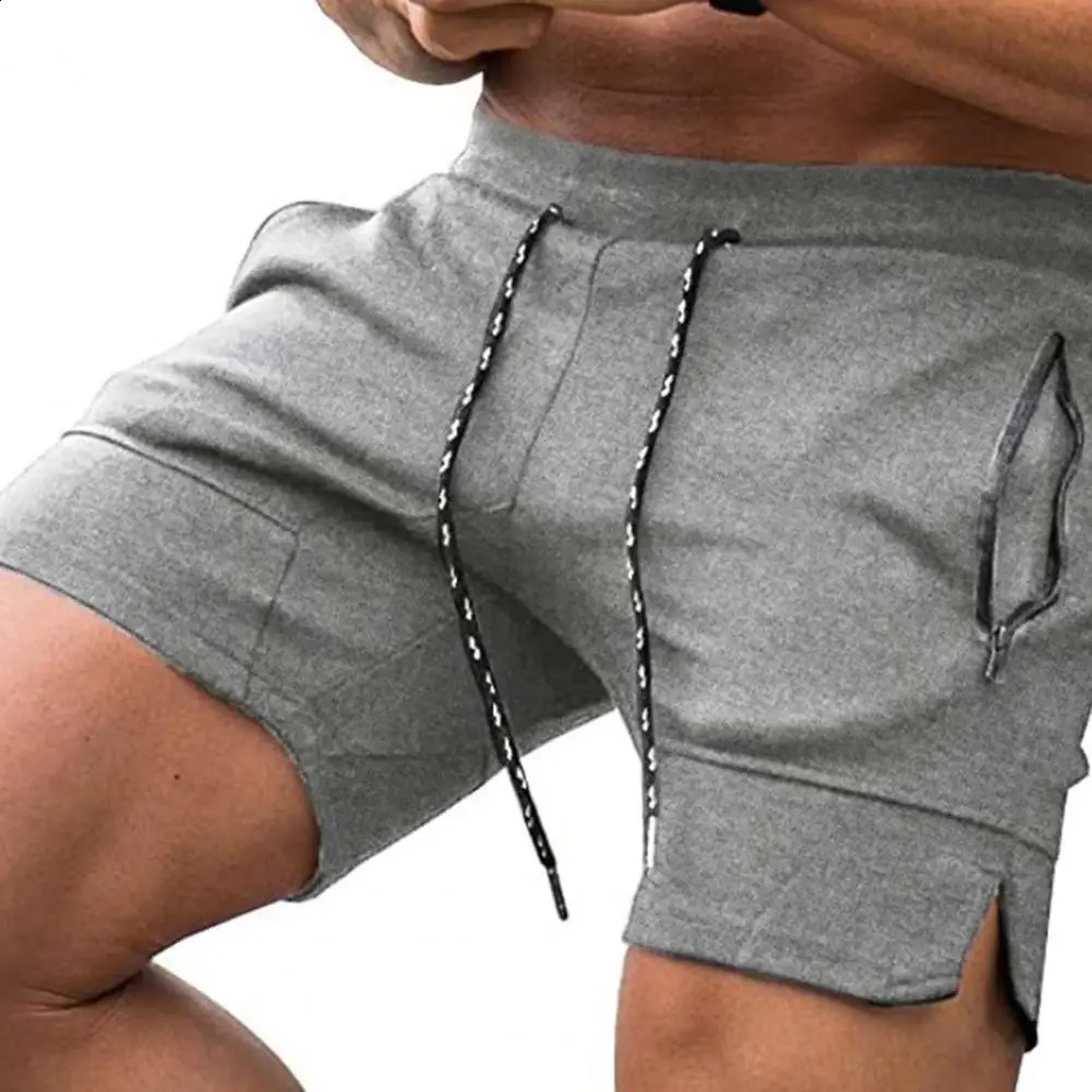 Short zipper pocket drawstring closure mens mid rise sports shorts jogging training fitness 240819