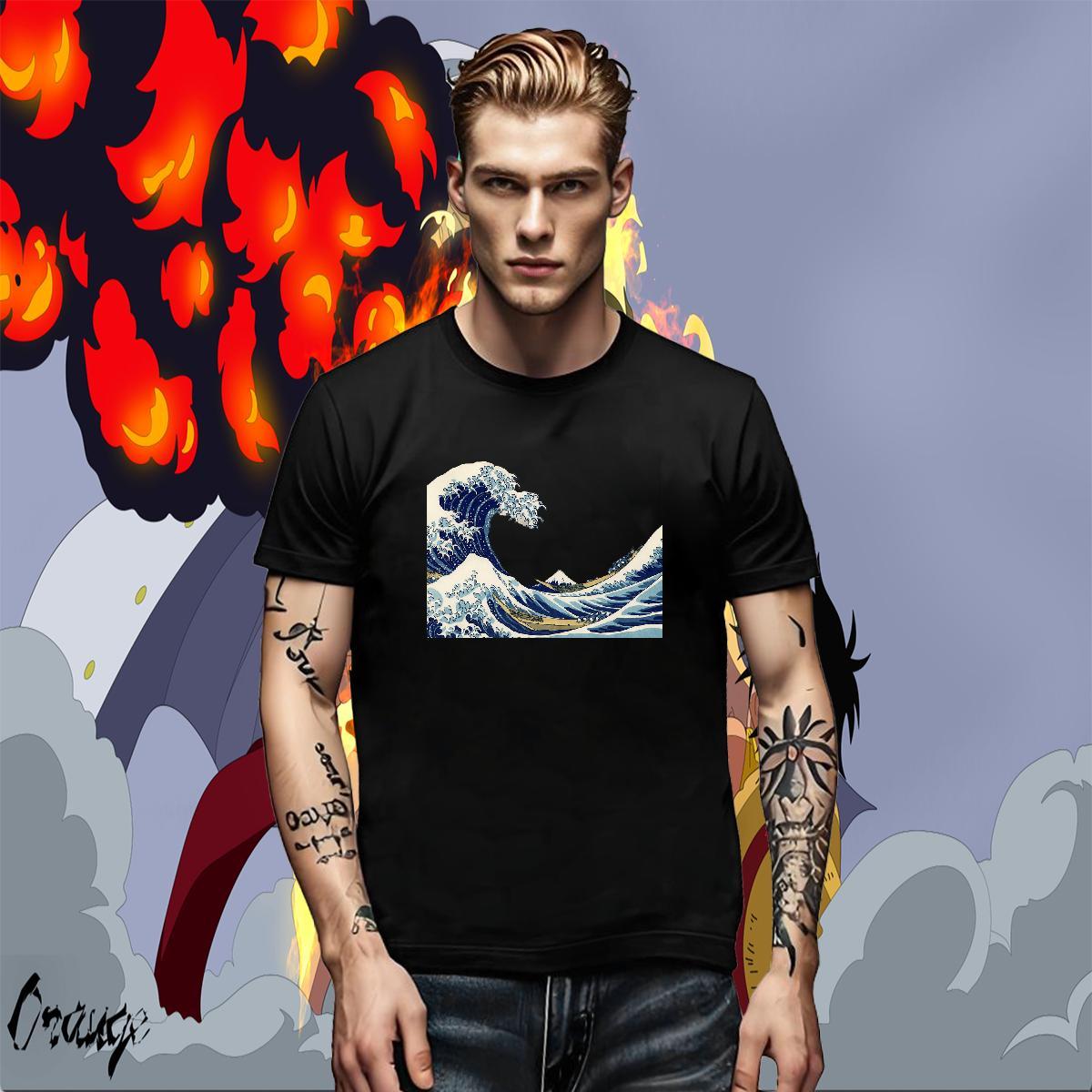 Comfortable Men Tops Tees Hip Hop 100% Cotton 230g Graphic Breathable Crew Neck sea wave Mens T Shirts Classic Casual Clothes