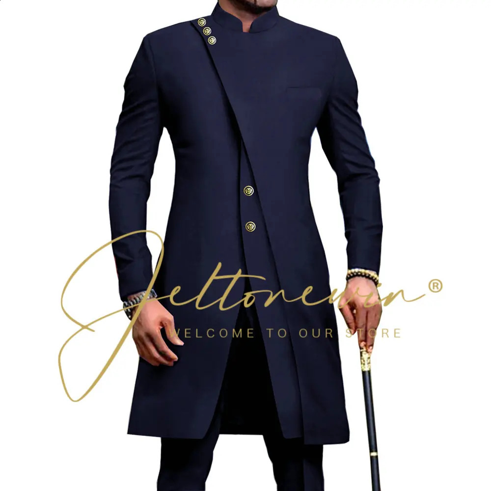 African Style Stand Collar Male Navy Blue Groom Tuxedos For Wedding Costume Groomsmen Man Slim Fit 2 Piece Blazer Pant 240819