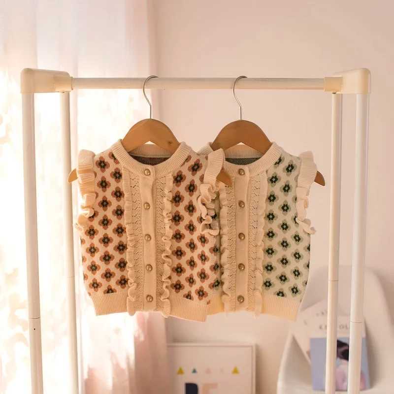 Autumn Girls Vest 2023 Sweet Childrens Sweater Lace Small Flower Baby Kids Coat Spring Single Breasted CardiganXJ240819