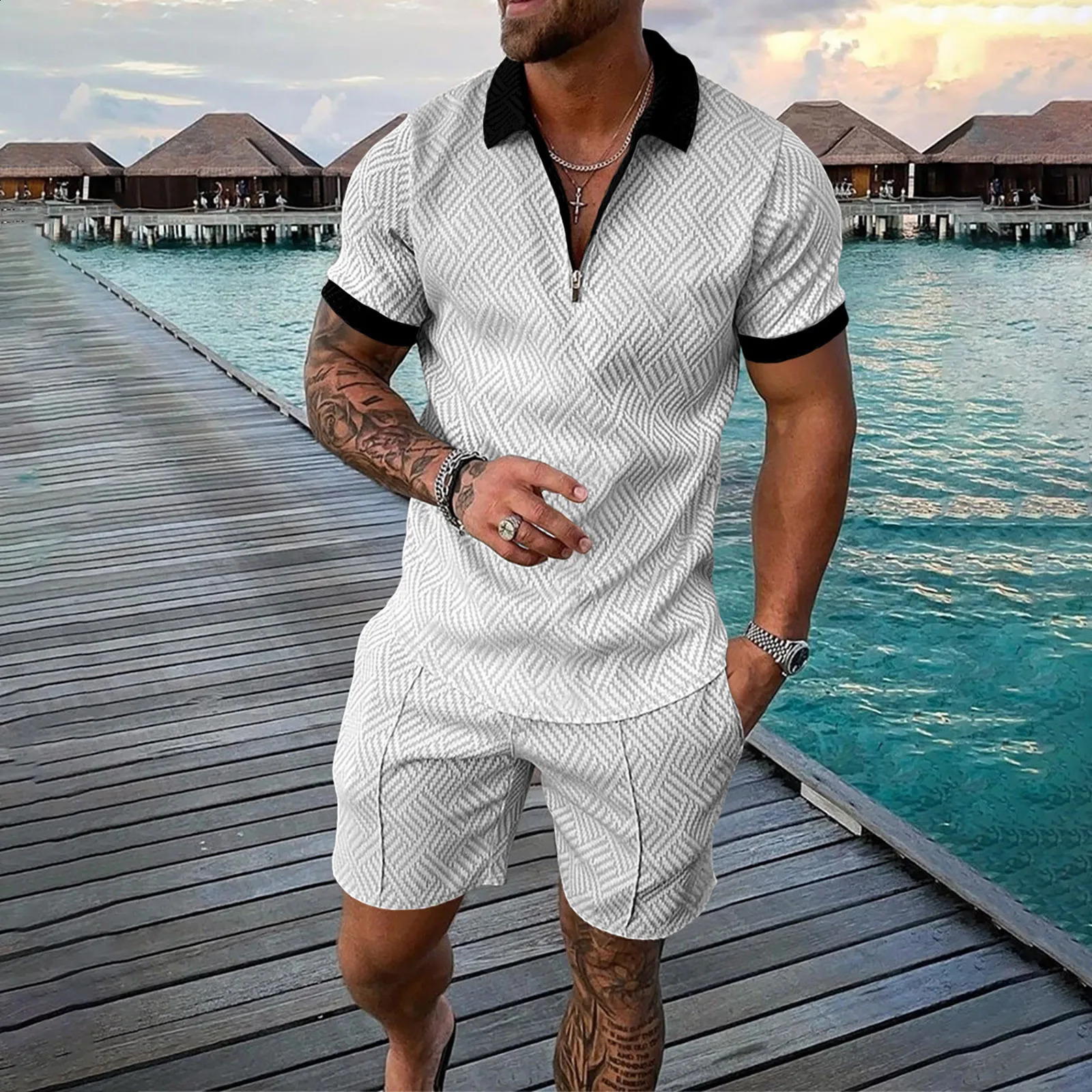 2024 Mens Summer Tracksuit Set Polo Shirt And Shorts Outfits Fashion Casual Short Sleeve Suit For Men 2 Piece 240819