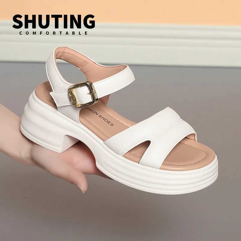 2024 High Heels Platform Soft Leather Casual Sandals Woman Open Head Block Heel Elegant Summer Buckle Soft Sole Sandals CL240806