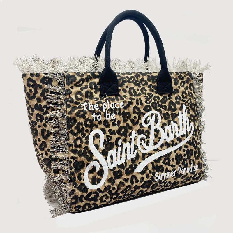high-capacity leisure tourism leopard print canvas handmade tassel handbag tote bag 240819