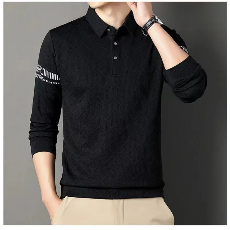 Korean Simple Autumn Casual Mens Polo Shirt Solid Print Lapel Button Jacquard Fashion Loose Trend Versatile Long Sleeve Top 240820