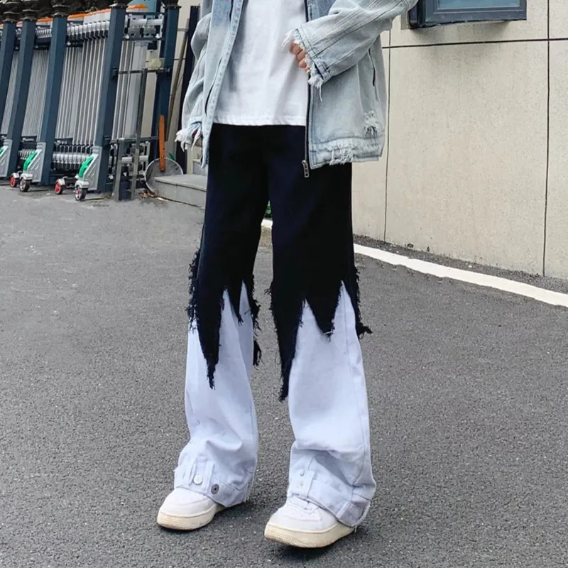 Y2K Fashion Black White Spliced Baggy Flared Stacked Jeans Pants For Men Clothing Women Wide Leg Long Trousers Ropa Hombre 240819