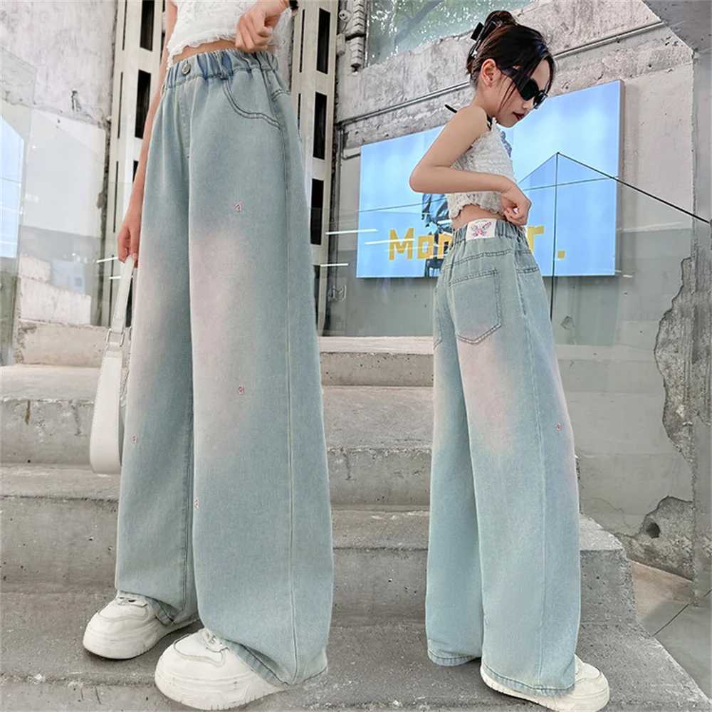 2484 Fashion Summer Ultra Thin Childrens Wide Leg Pants Embroidered Girls Jeans Childrens Jeans Denim Straight Leg PantsW240819