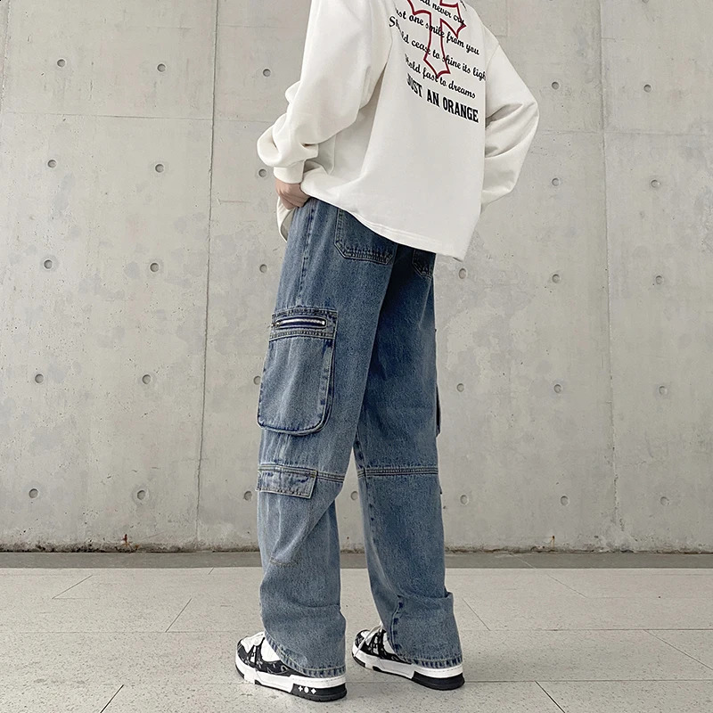 American style multi pocket jeans mens straight loose fashion personalized workwear pants all season non elastic 240819