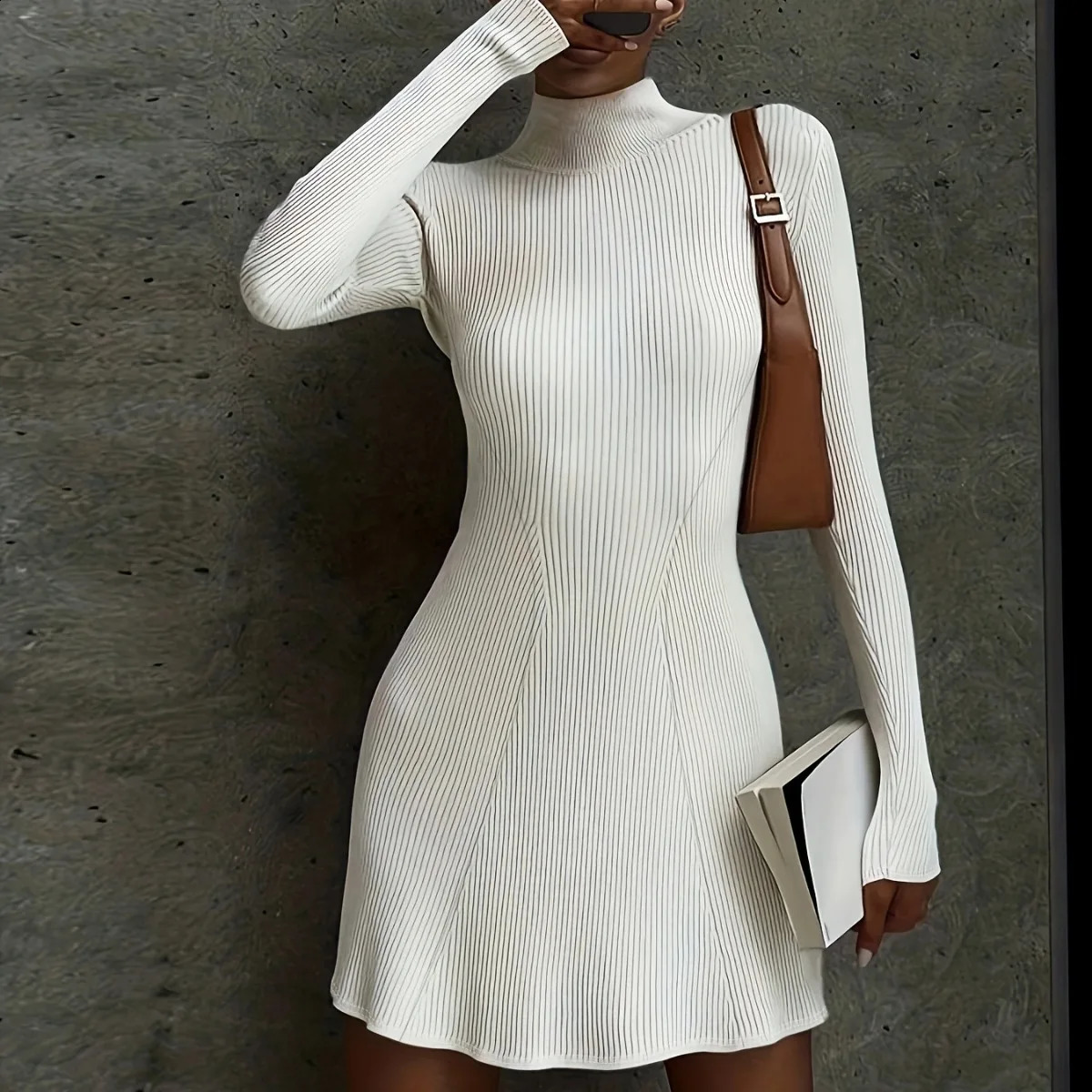 slimming long sleeved knitted dress for womens solid color tight fitting European and American sexy buttocks skirt 240819