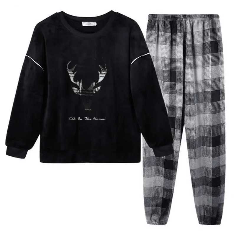 Winter mens wool casual long sleeved pajamas set coral velvet cute cartoon pajamas for couples plush thick warm pajamasW240719