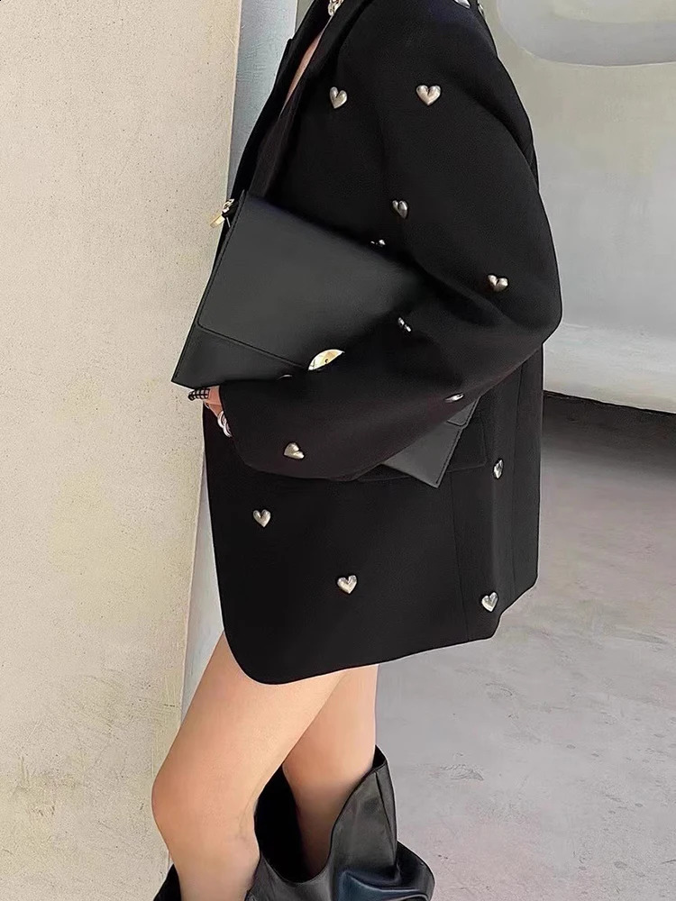 DEAT Fashion Womens Jacket Open Front Long Sleeve Single Button 3D Love Rivet Decoration Set Autumn Style 7AB858 240819